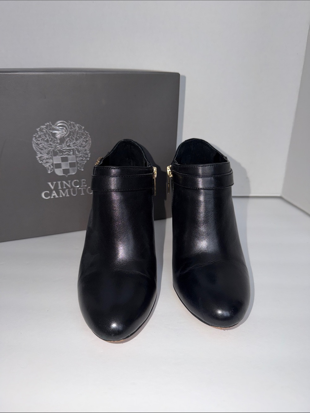 Vince Camuto Black Leather Ankle Booties with Gold Hardware-Sz 6/36 - Picture 2 of 9